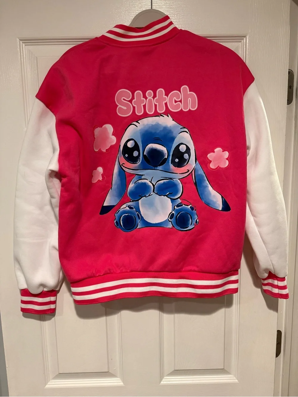 Juniors Pink and White Cartoon Stitch Varsity Jacket